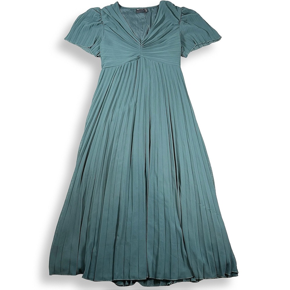 ASOS DESIGN Pleated V-Neck Midi Dress Green Flutter Sleeve US 10 127535383